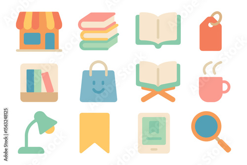 Bookstore elements vector illustration: flat style design for prints and cards