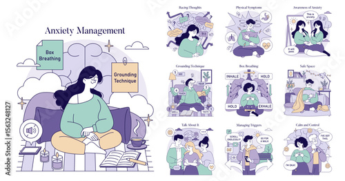 Anxiety Management Techniques Vector Illustration Set