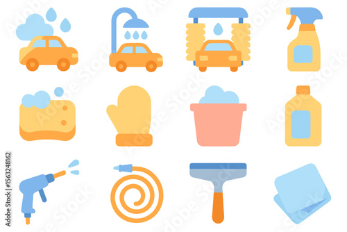 Car wash essentials vector illustration: flat style design for posters and prints