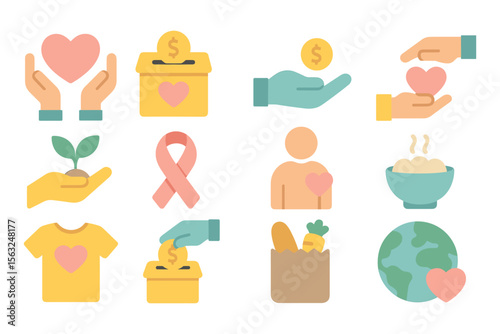 Charity and giving concept vector illustration: philanthropy icons for donation campaigns in flat style