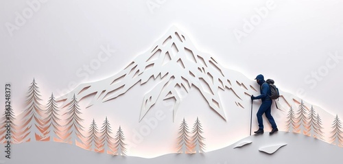 Intricate paper cut design of snow-covered mountain peak, hiker silhouette, winter trees,  mountain,  ice