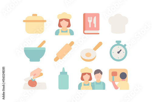 Cooking and baking essentials vector illustration: flat style icons for kitchen, recipe, and culinary design