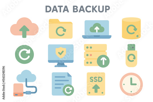 Data backup technology vector illustration: flat design for digital security icons