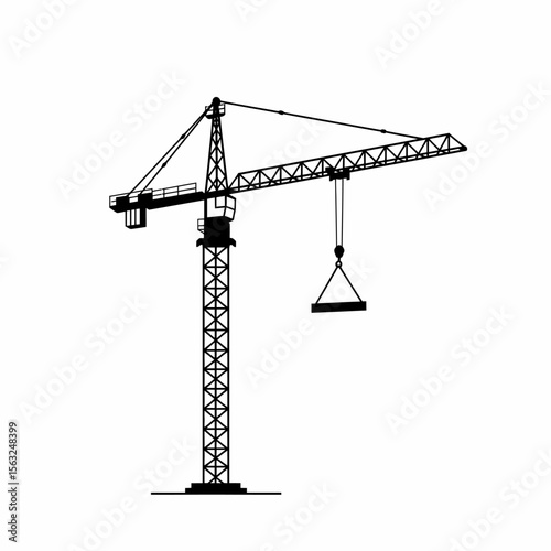 Silhouette of a large construction crane against a white background.
