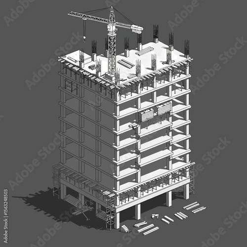 Monochromatic isometric illustration of a skyscraper under construction, showcasing structural framework and cranes.