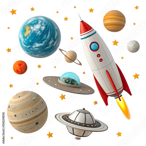 Space Rocket Illustration Isolated on Transparent Background with Stars