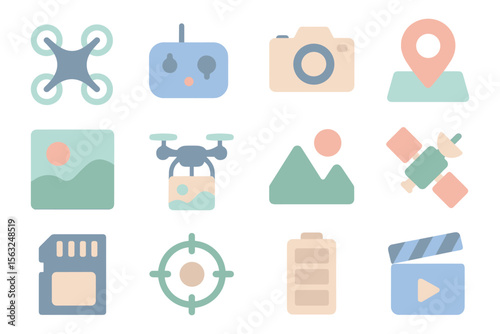 Drone and photography vector illustration: flat style icons for design and media projects