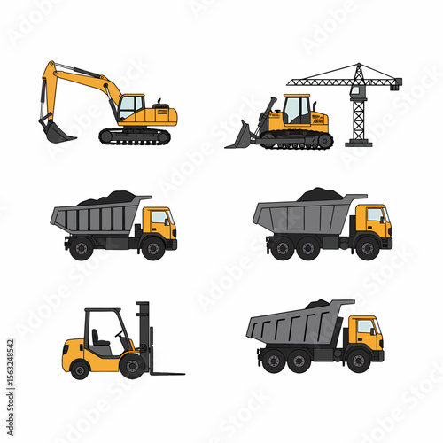 Collection of construction vehicles, including excavators, bulldozers, dump trucks, and a forklift, outlined in simple shapes.