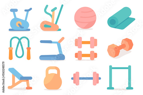 Vector illustration of fitness equipment icons in flat style for gym and workout design