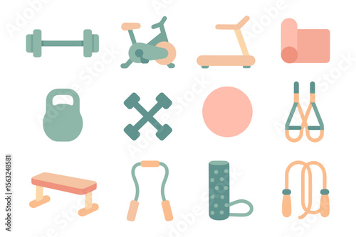 Fitness equipment vector illustration: gym tools for exercise and training in flat style