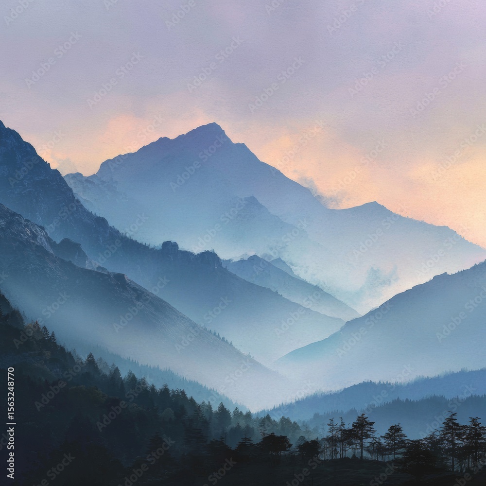 Fototapeta premium Serene Mountain Landscape with Layers of Misty Blue Hues