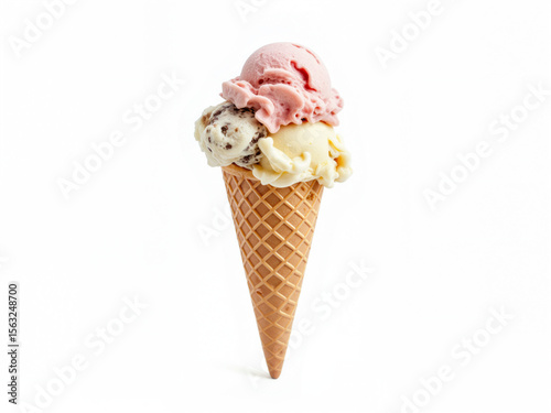 isolated white background Ice cream cone with three scoops in various flavors  