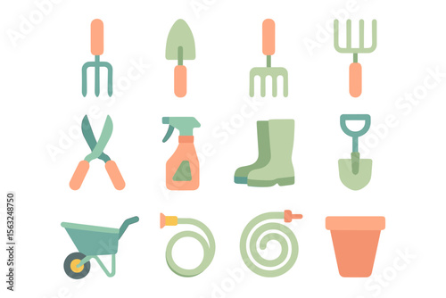 Gardening tools collection vector illustration for design print, flat style