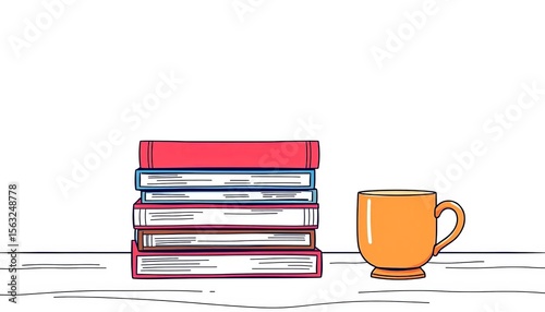 Single line drawing of stacked books and coffee cup on desk,  reading,  office