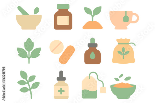 Herbal remedies vector illustration: natural medicine icon set for wellness design