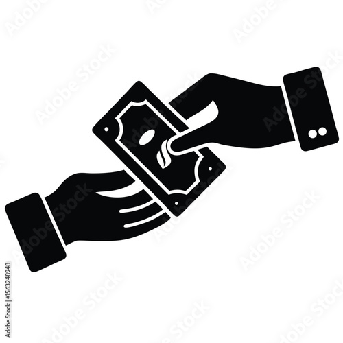 Black silhouette of two hands exchanging a banknote white money