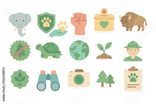 Wildlife conservation icons vector illustration for environmental awareness campaigns in flat design