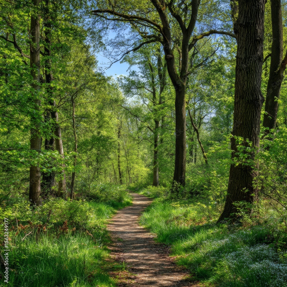 Naklejka premium Tranquil Forest Pathway Surrounded by Lush Green Trees and Foliage