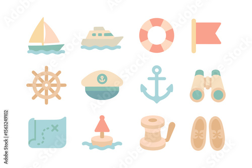 Nautical adventure icons vector illustration in flat design for summer travel and marine-themed projects