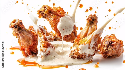 Ranch dressing splashing onto crispy chicken wings and ranch dip, highlighting the texture and creamy consistency, isolated on white background,