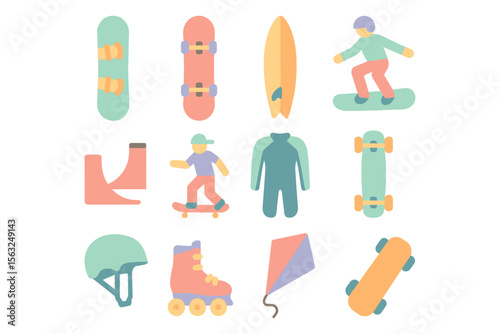 Flat vector illustration of skateboarding and surfing elements for sports-themed design