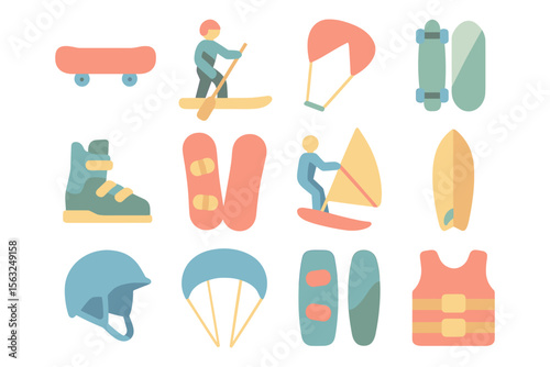 Water and adventure sports equipment icons vector illustration - flat design for print and web