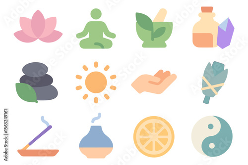 Flat style wellness and harmony icons: vector illustration for holistic design and relaxation themes
