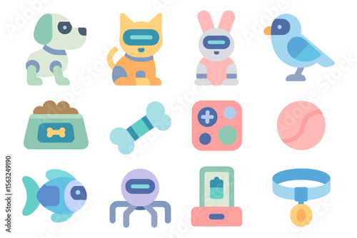 Cute robot animals vector illustration: futuristic pet icons for design projects