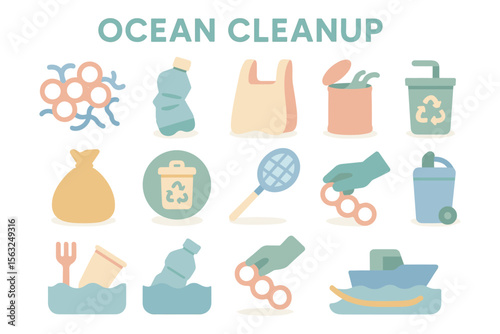 Ocean cleanup icons vector illustration for environmental awareness design