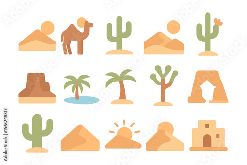 Desert adventure vector illustration: abstract icons for travel posters and design in flat style