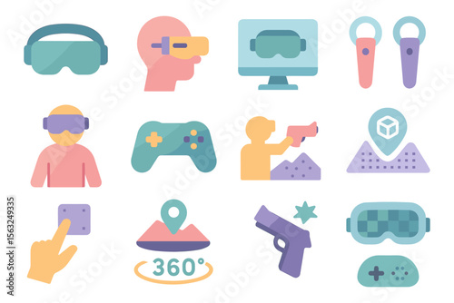 Flat style virtual reality elements vector illustration for design and ui: gaming, headsets, and interactivity