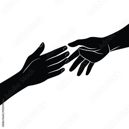 Black silhouette of two hands reaching for each other connection white