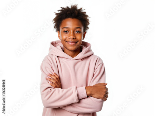isolated white background Smiling black boy standing with arms crossed in a pink hoodie  