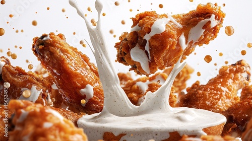 Ranch dressing splashing onto crispy chicken wings and ranch dip, highlighting the texture and creamy consistency, isolated on white background,