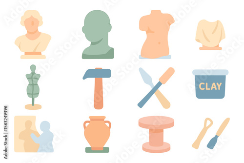 Sculpting tools and figures vector illustration for art and craft designs in flat style