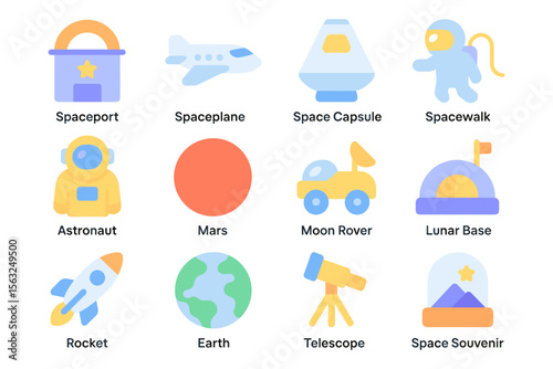 Space exploration icons vector illustration for web and print design in flat style