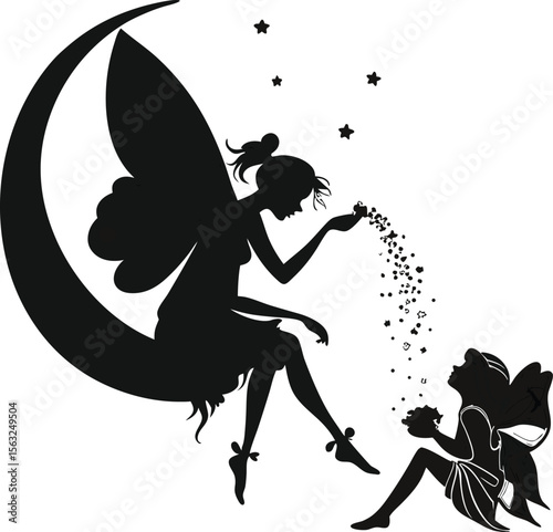 Black silhouette of two fairies on a crescent moon with falling stars fairy