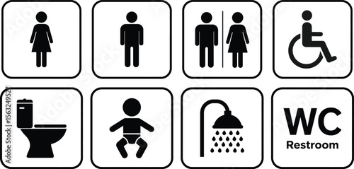 Minimalist black and white restroom and washroom sign icons with person, wheelchair, toilet, baby, shower, and WC symbols, vector set for public facility design