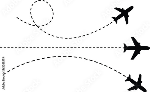 Minimalist Black Airplane Silhouette with Dotted Flight Route Lines, Flat Vector Illustration for Travel and Transportation Design