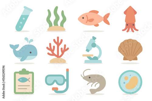 Marine science vector illustration: flat educational icon set for ocean life and research
