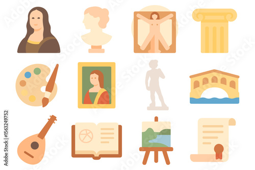 Renaissance art icons vector illustration for educational design, flat style