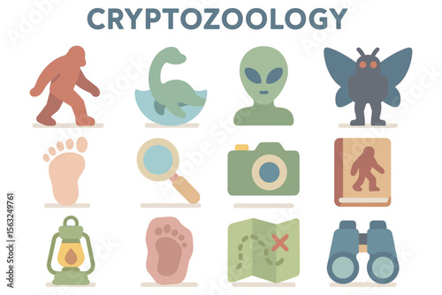 Cryptozoology concept vector illustration: mysterious creatures and exploration icons in flat style