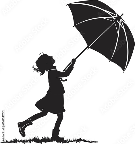 Silhouette of a young girl holding a large umbrella in a grassy field child