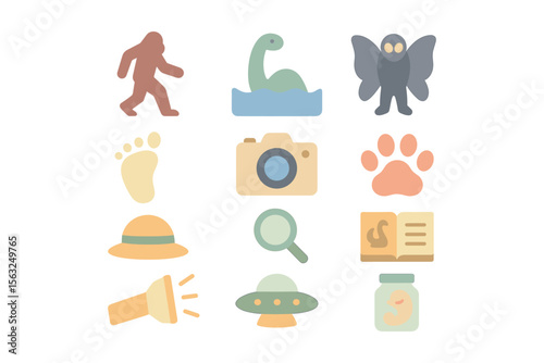 Cryptid exploration vector illustration: mysterious creatures and symbols in flat style for mythical design