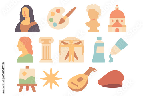 Renaissance art elements vector illustration: flat icons for design and creativity