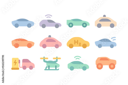 Future of transportation vector illustration: autonomous, electric, and hydrogen vehicles in flat style for print design