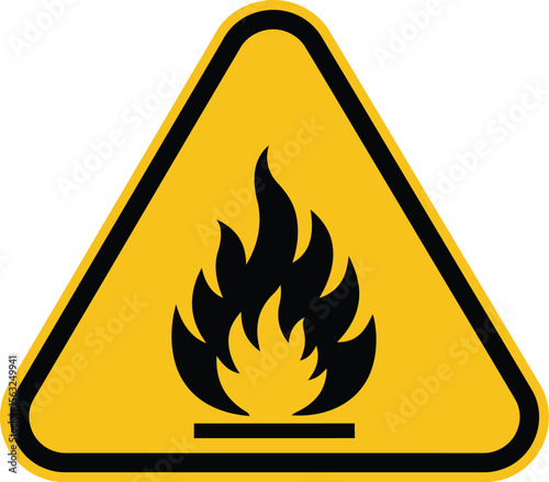 Flat warning sign with flammable substance symbol in yellow triangle, safety icon for hazard communication and industrial use