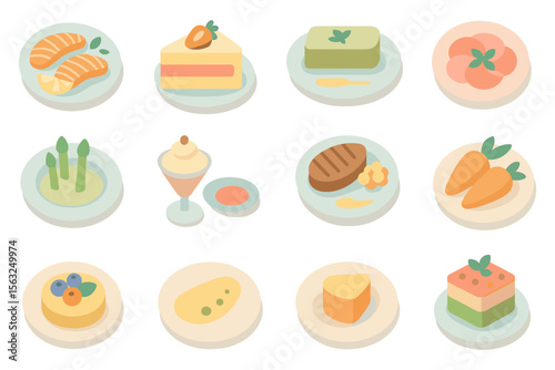 Gastronomic vector illustration: assorted cuisine dishes for menu design in flat style