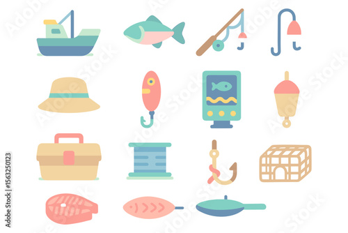 Flat style fishing equipment vector illustration for leisure design