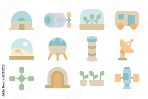 Vector illustration of futuristic mars colony elements for design, poster, card in flat geometric style